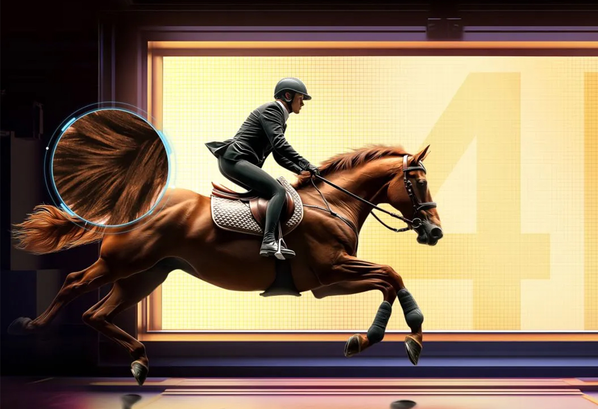 Τηλεόραση απεικονίζει ιππέα πάνω σε άλογο με μεγάλη λεπτομέρεια.